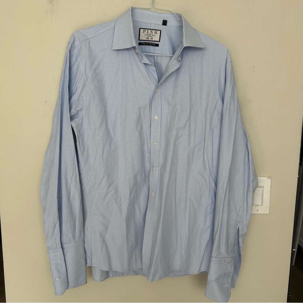 THOMAS PINK - COTTON SLIM FIT SHIRT SZ. 17 -43cm Blue Check Dress Shirt.